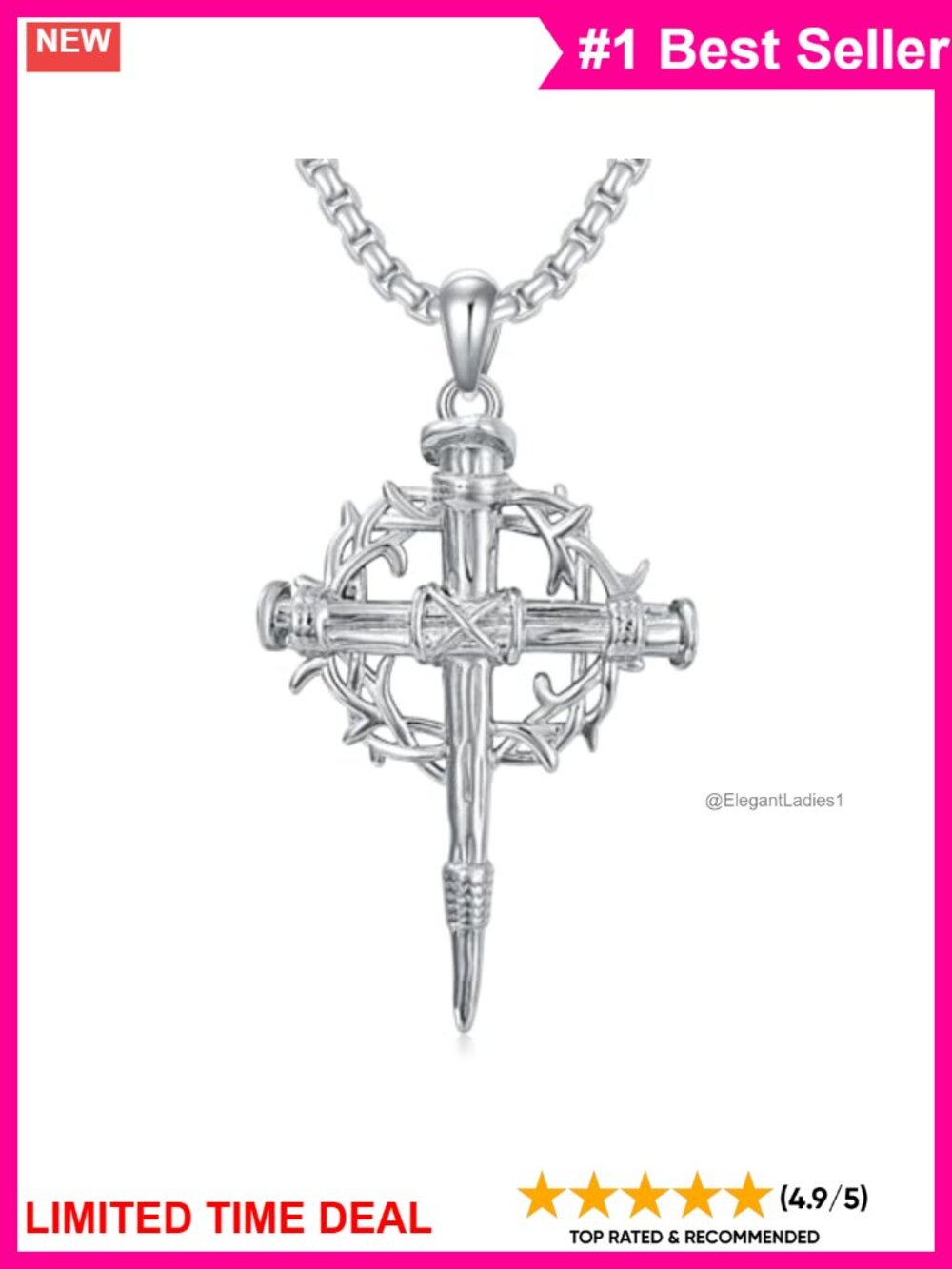 925 Sterling Silver Nail Cross Necklace with Stainless Steel Chain